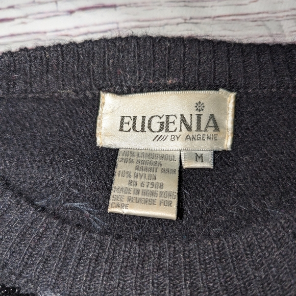 Eugenia by Angenie Lambswool Angora Beaded Sequined Black Sweater Medium Vintage - Picture 7 of 12